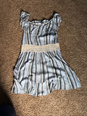 No Boundaries Blue and White Striped Off-Shoulder Dress with Lace Waist